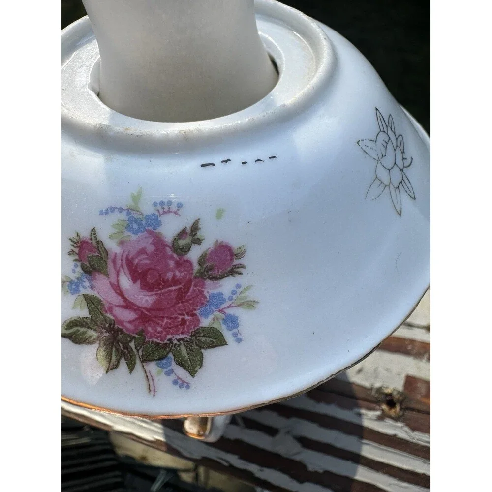 Vintage Miniature Porcelain Oil Lamp Pink Rose Floral Gold Trim Cottagecore